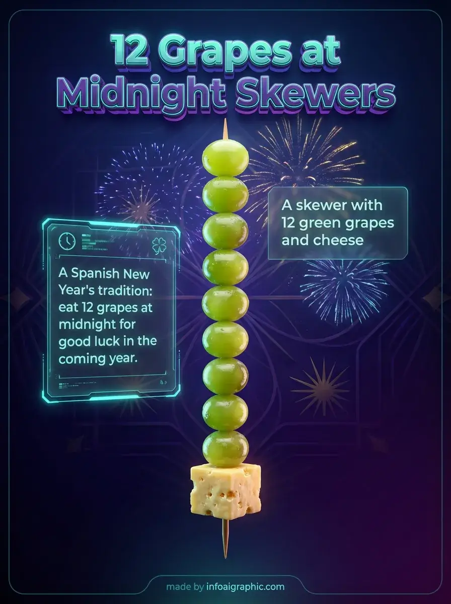 12 Grapes at Midnight New Year tradition infographic with skewer presentation ideas