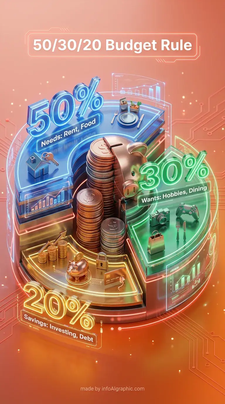 50-30-20 Budget Rule infographic explaining needs, wants, and savings allocation percentages