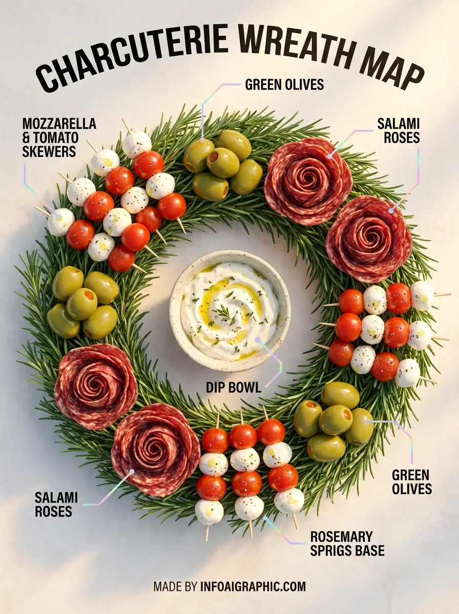 Charcuterie Wreath arrangement guide showing circular wreath-shaped food presentation