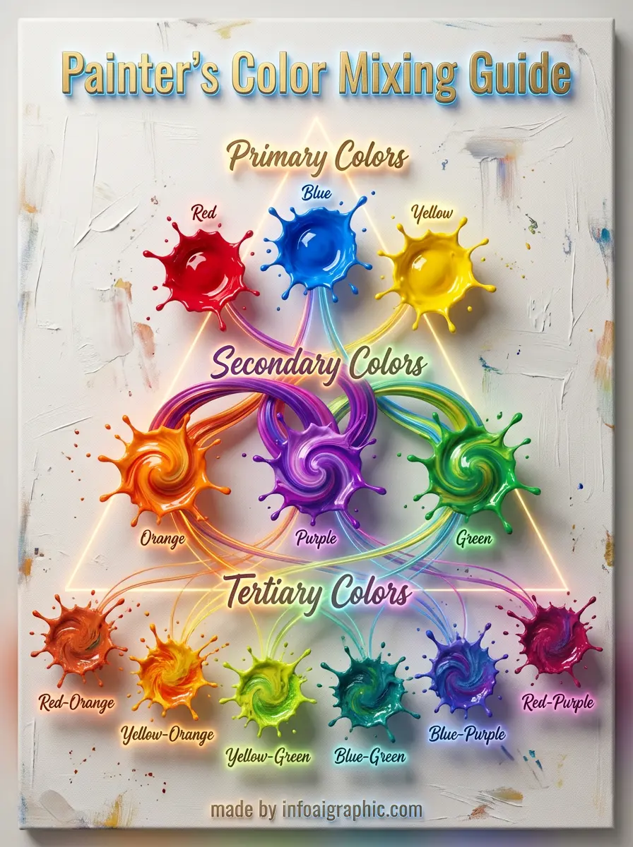 Color Mixing Guide showing primary colors red, blue, yellow and secondary color combinations