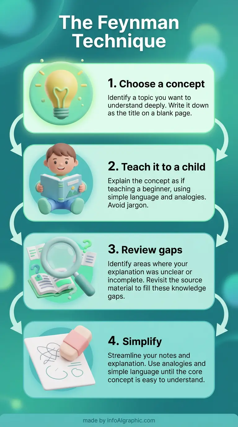 Feynman Technique learning method infographic: 1 Choose a Concept, 2 Teach It Simply, 3 Review Gaps, 4 Simplify