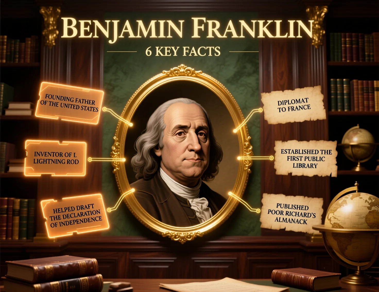 Benjamin Franklin biography infographic showcasing his inventions, political career, and key achievements