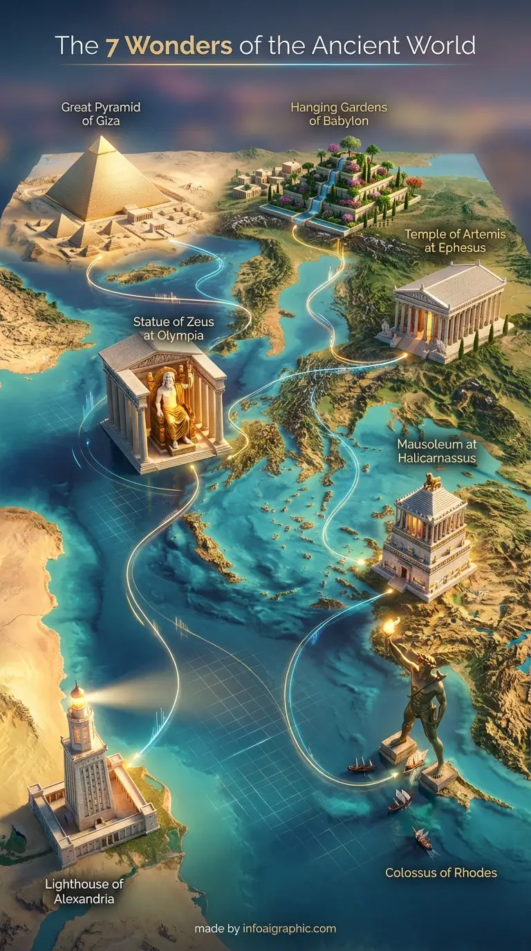 Seven Wonders of the Ancient World visual list infographic featuring Great Pyramid, Hanging Gardens, and more