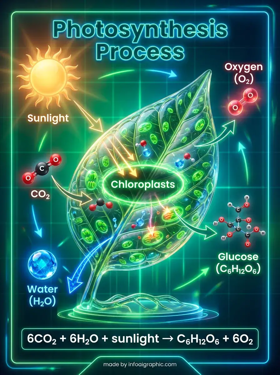 Photosynthesis process visualization showing sunlight, water, and carbon dioxide inputs creating glucose and oxygen