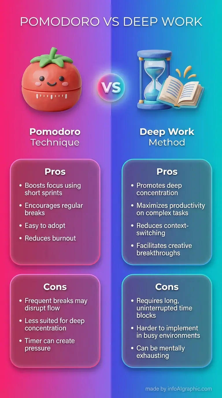 Pomodoro Technique combined with Deep Work Method productivity infographic for focused work sessions