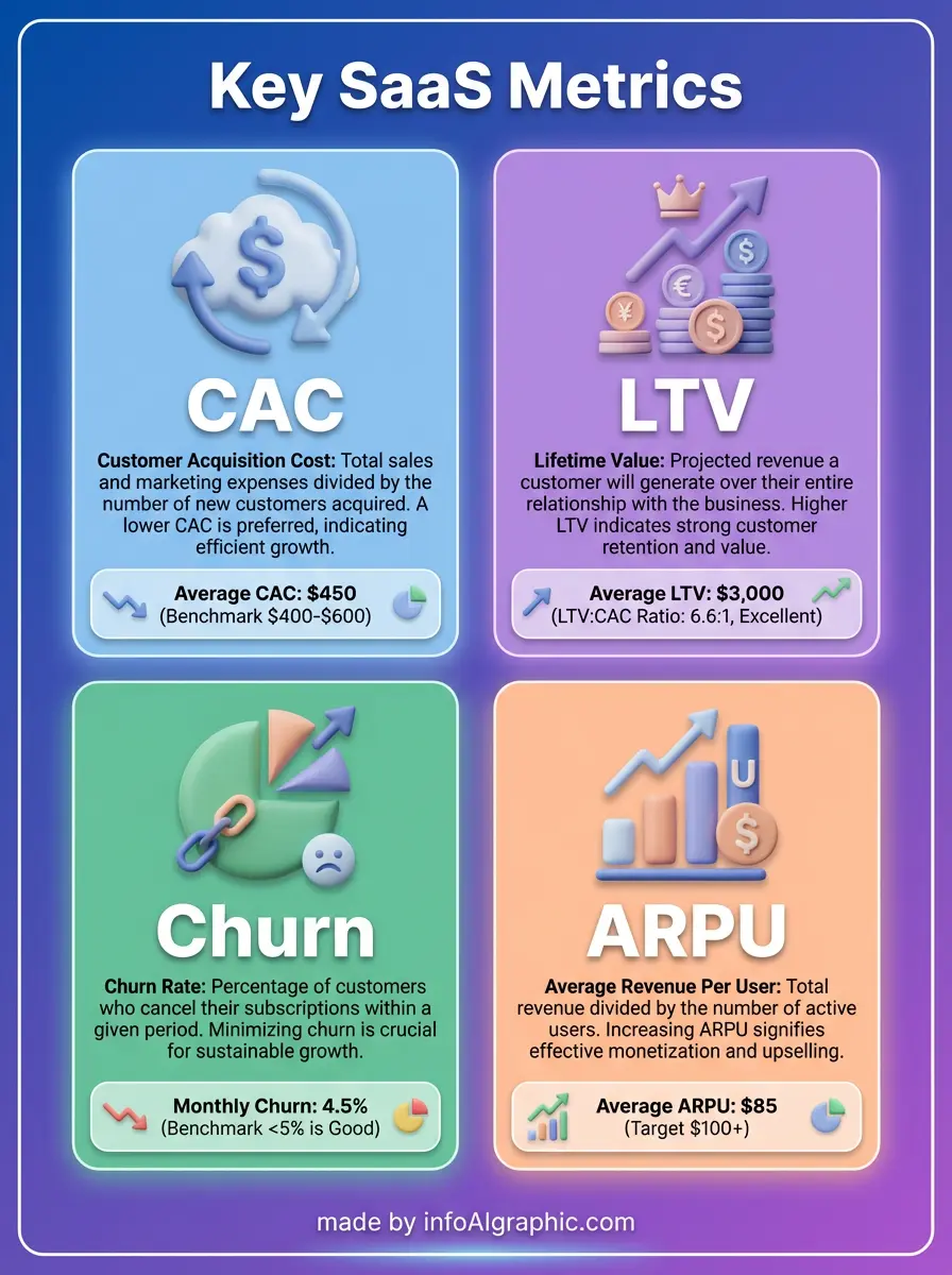 SaaS Metrics visual guide showing CAC, LTV, Churn Rate, and ARPU calculations and benchmarks