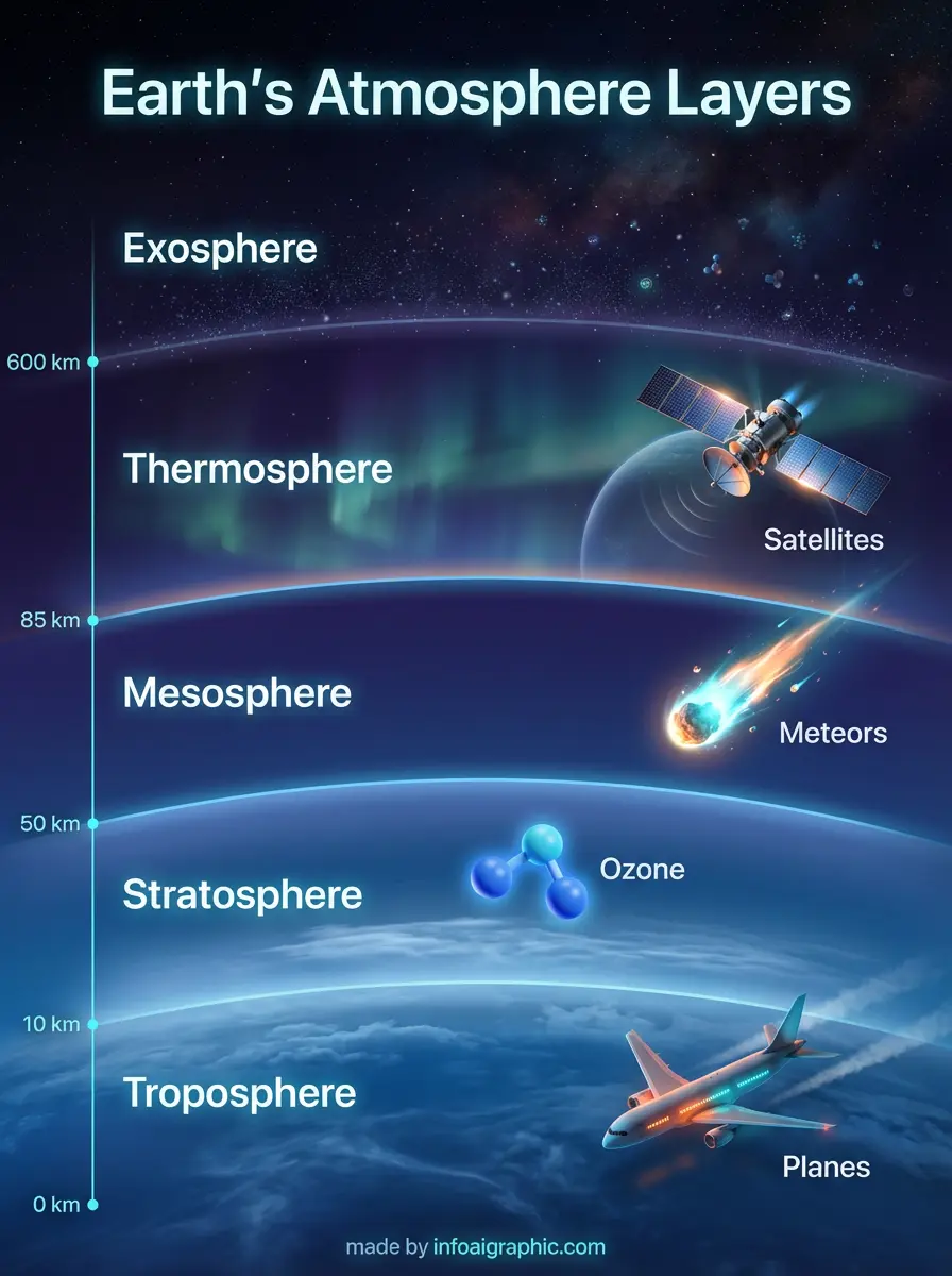 Scientific diagram of Earth atmosphere layers showing troposphere, stratosphere, mesosphere, and thermosphere
