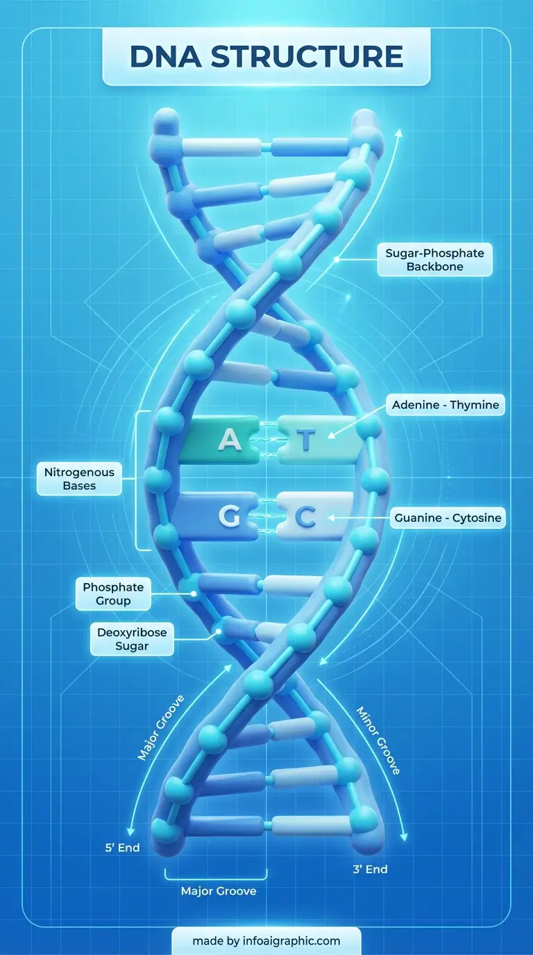 Scientific visualization of DNA double helix structure showing base pairs and molecular composition
