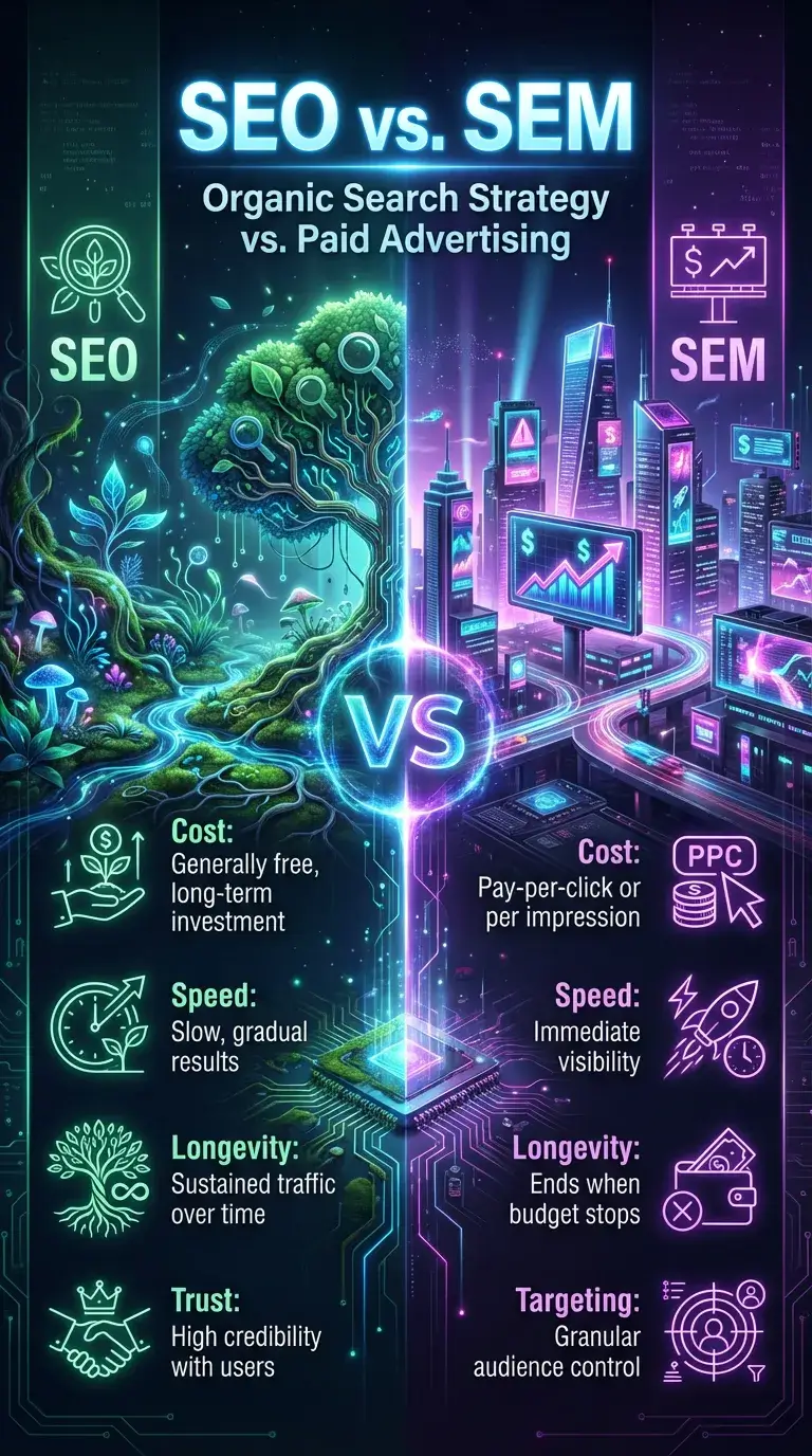 SEO vs SEM detailed comparison infographic showing differences between organic search optimization and paid marketing
