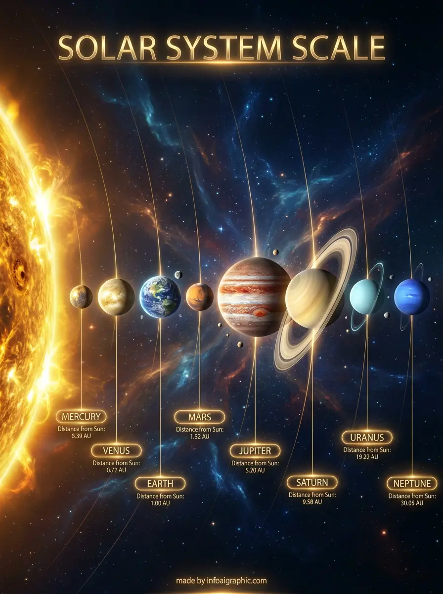 Solar System Scale infographic showing the Sun and planets with relative sizes and distances