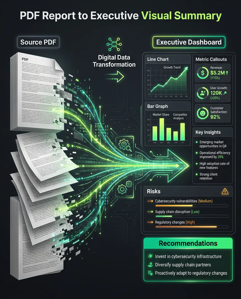PDF to infographic example showing a report transformed into an executive visual summary.