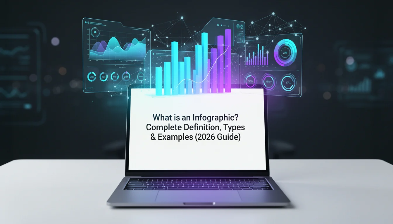 Futuristic illustration of an AI-generated infographic displaying holographic data charts in 2026.