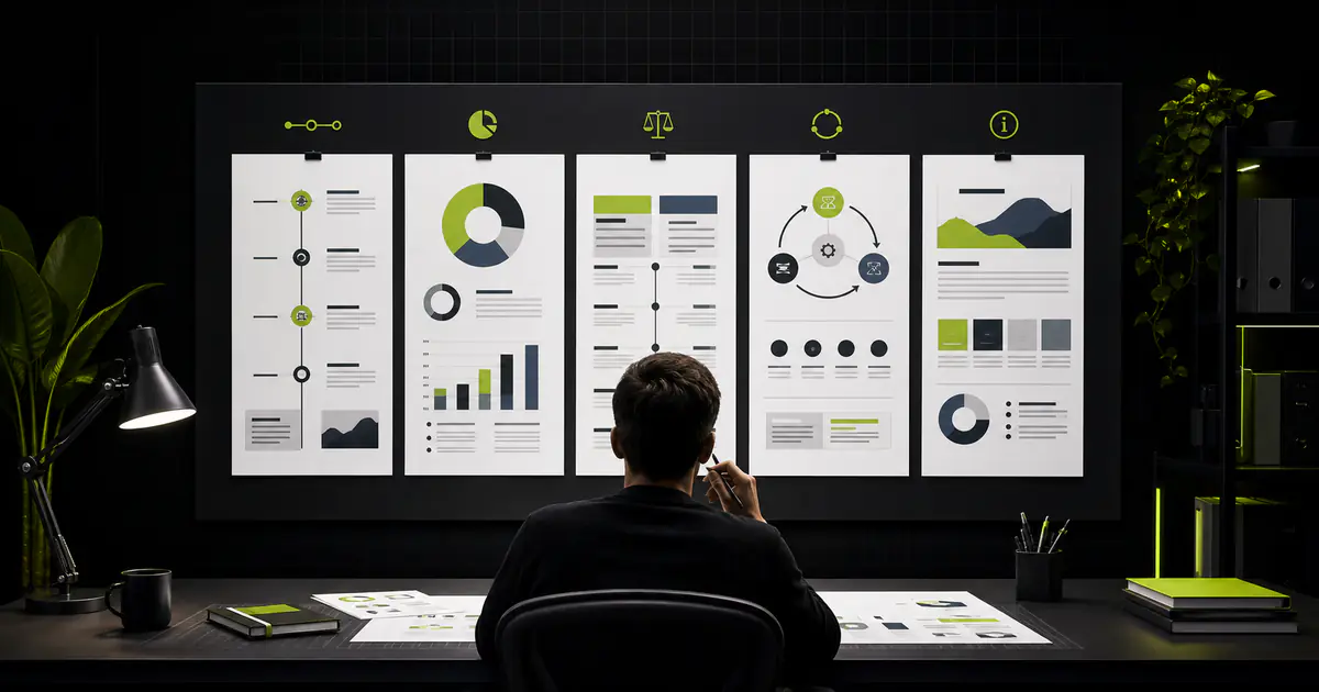 Designer comparing five professional infographic layout structures on a dark studio wall