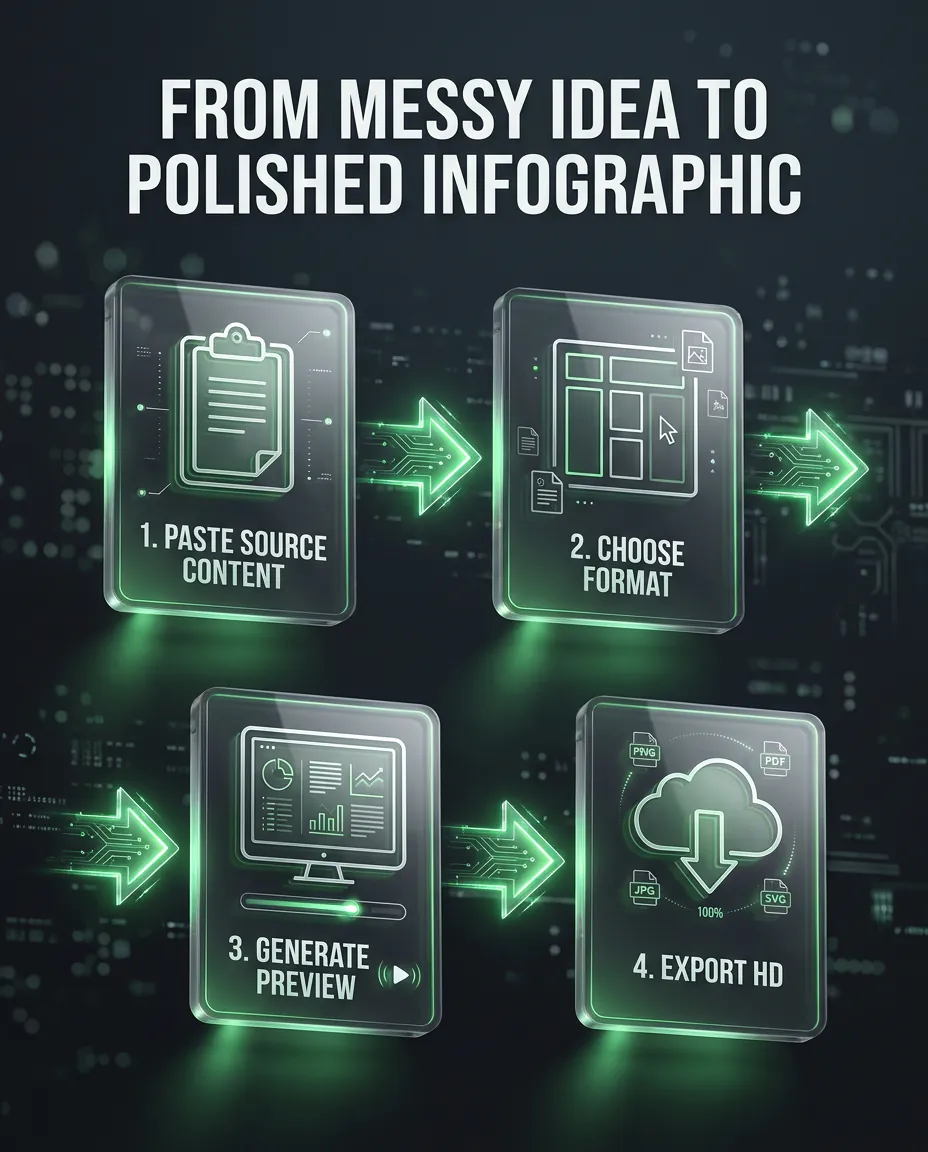 AI infographic generator workflow showing source content turning into a professional infographic preview.