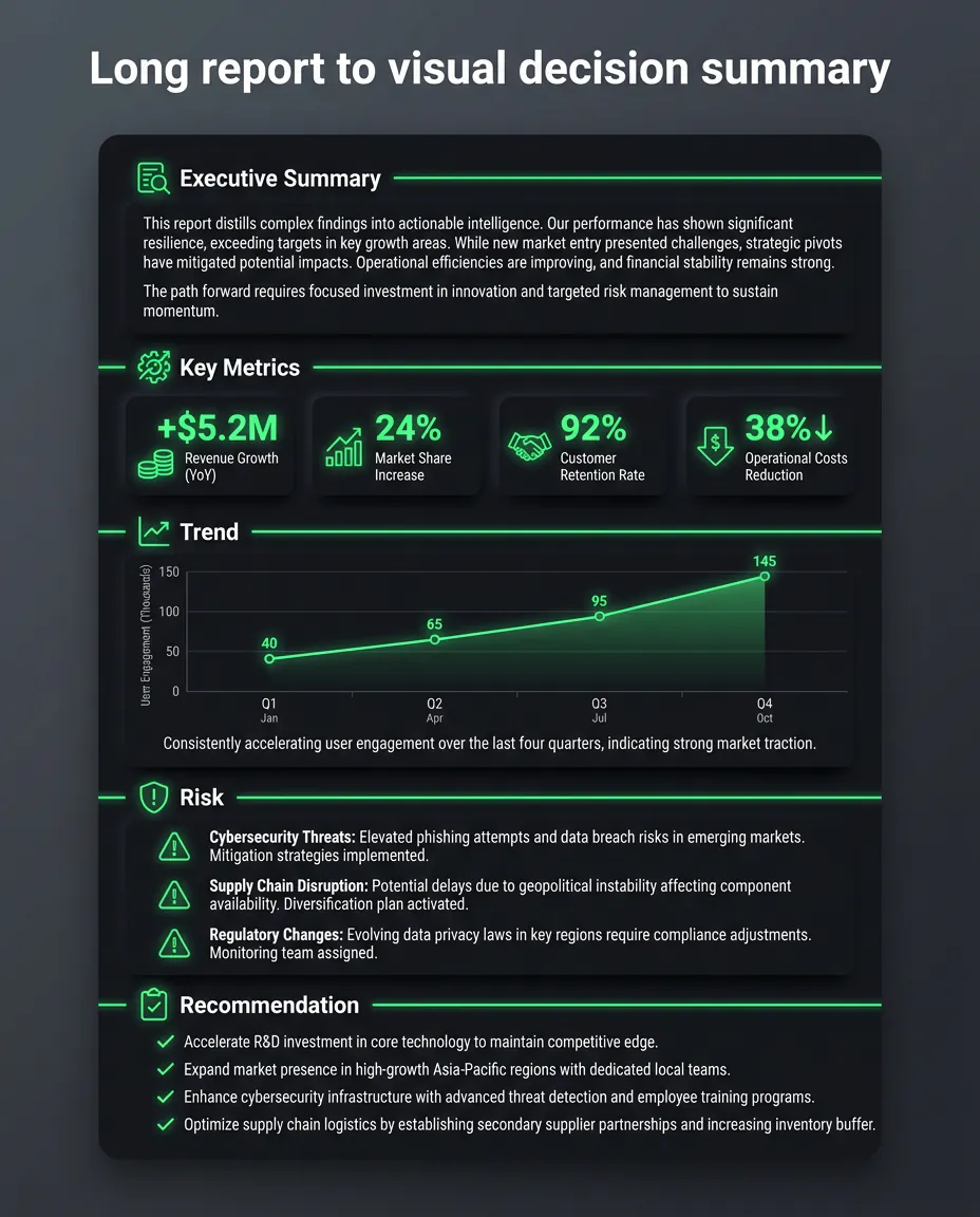 Report to infographic example showing a long report transformed into a visual decision summary.