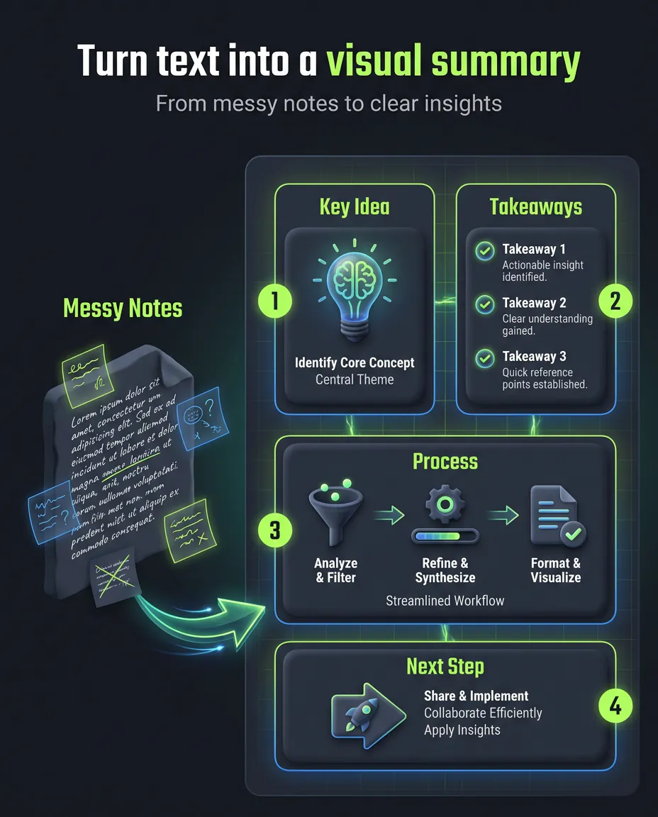 Text to infographic example showing messy notes transformed into a structured visual summary.y