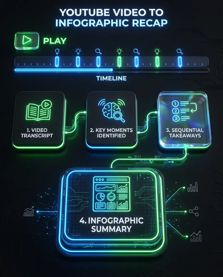 YouTube to infographic example showing a video transcript transformed into an infographic recap.