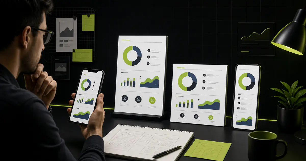 Marketer reviewing one professional infographic adapted across several social media aspect ratios