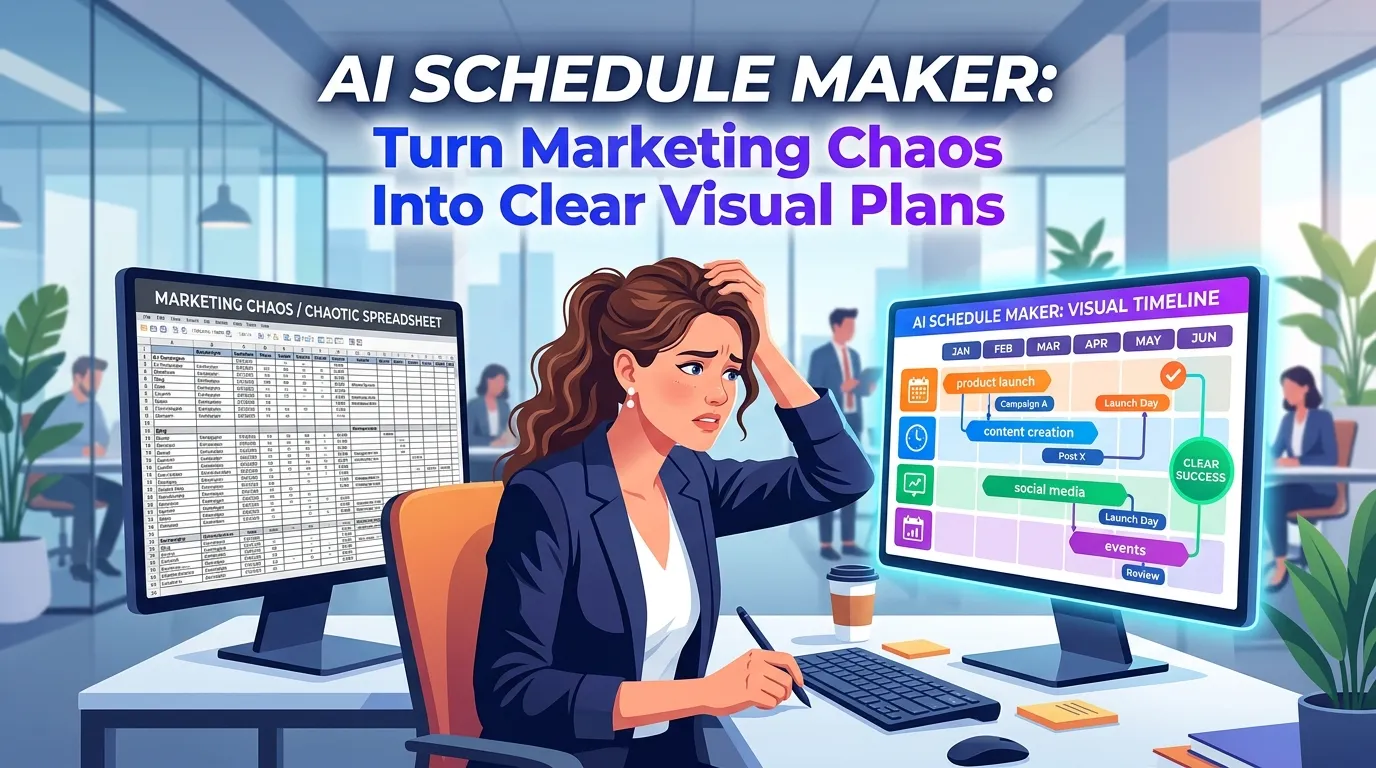 A marketing team looking at a confusing spreadsheet next to a clear visual timeline generated by an ai schedule maker
