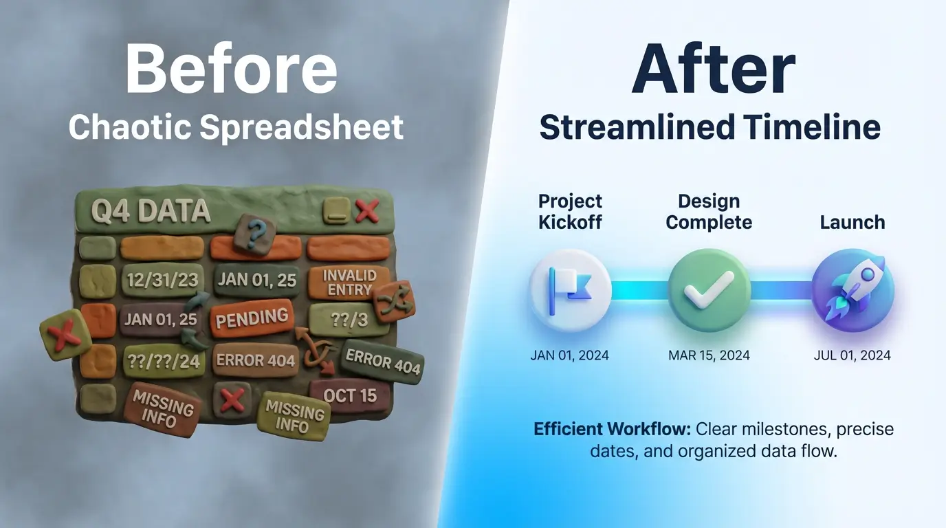 A before-and-after comparison showing messy spreadsheet data transformed into a clean, professional visual by an AI roadmap maker.