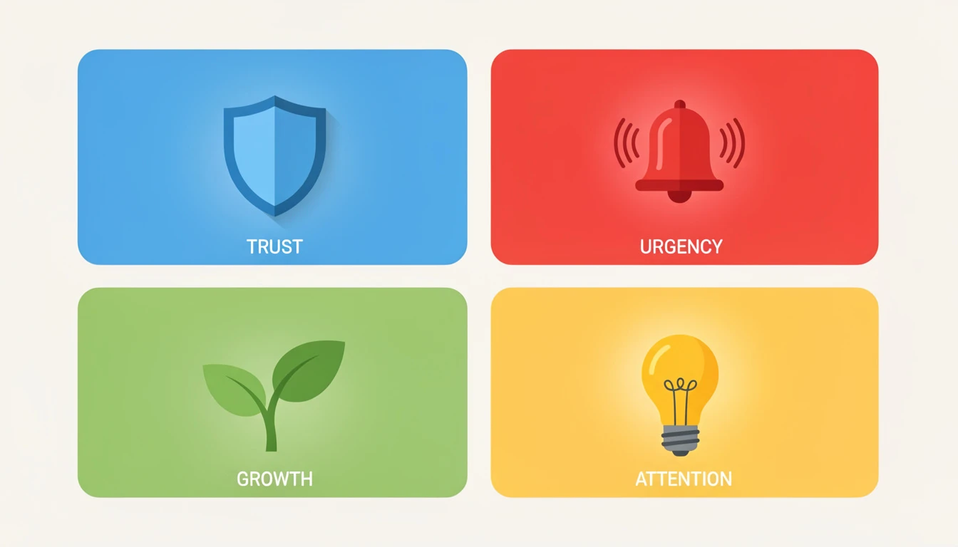 Icon grid showing the emotional meaning of Blue, Red, Green, and Yellow in infographics