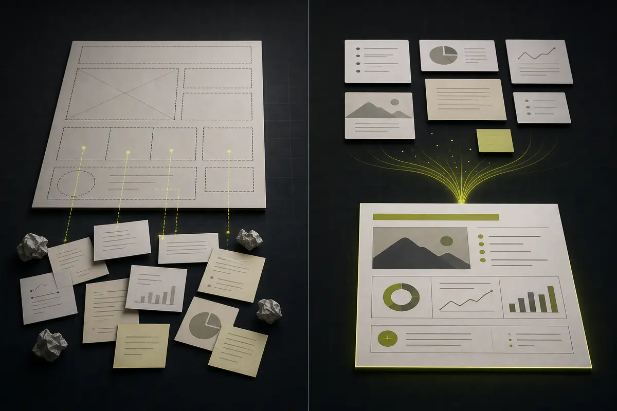 Rigid template-first design compared with a content-first infographic workflow