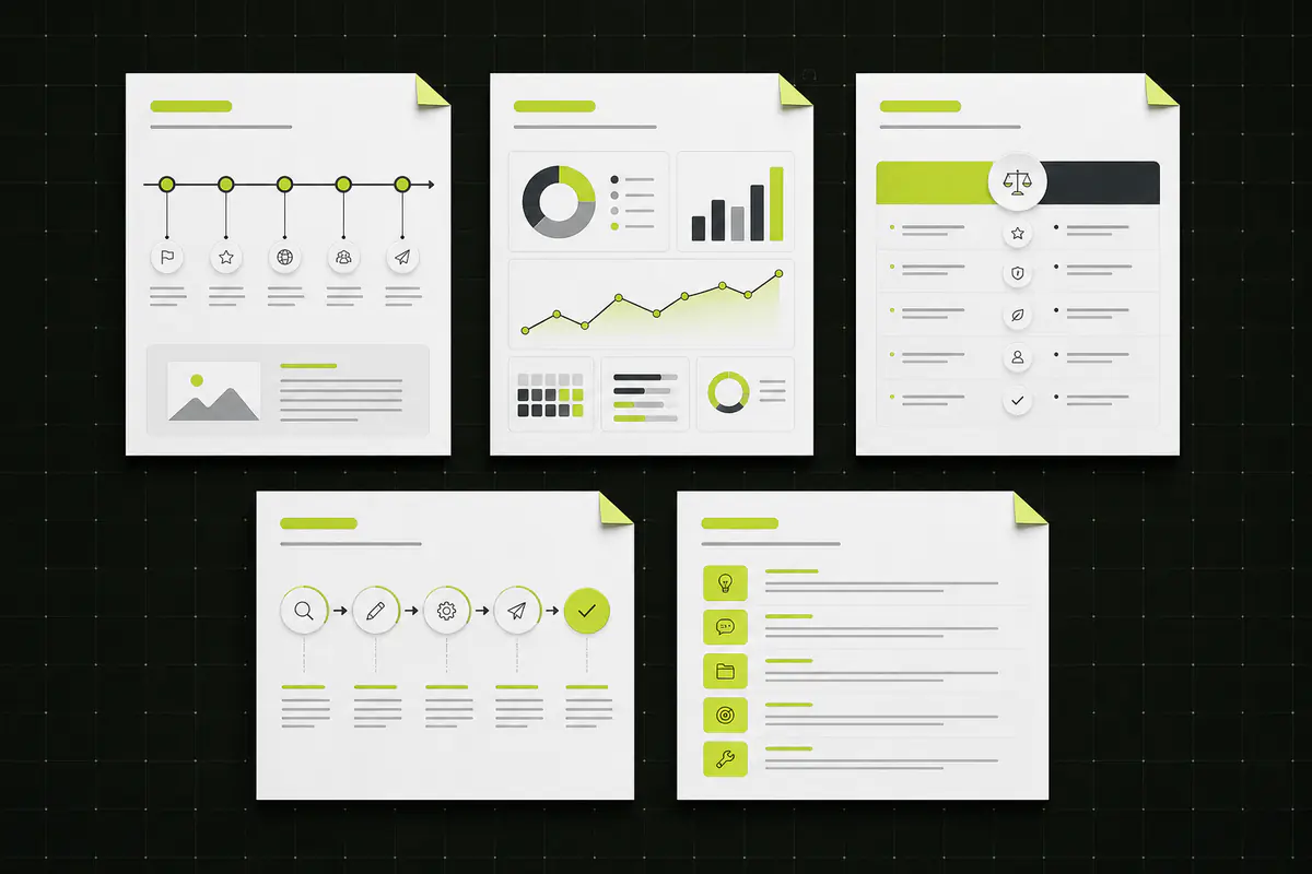 Five infographic structures for timelines, statistics, comparisons, processes, and informational lists