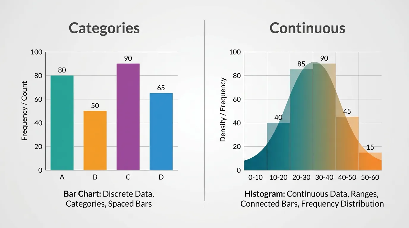 A visual comparison showing a bar graph vs histogram side by side