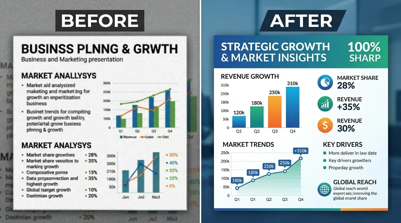 Side-by-side example of a blurry screenshot being transformed into a clean, editable infographic using artificial intelligence image to text