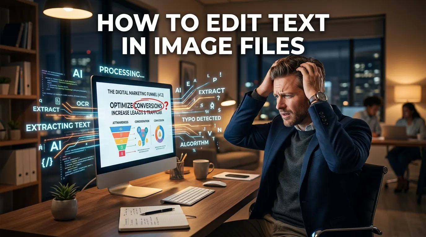A marketer struggling to figure out how to edit text in image files on a laptop screen