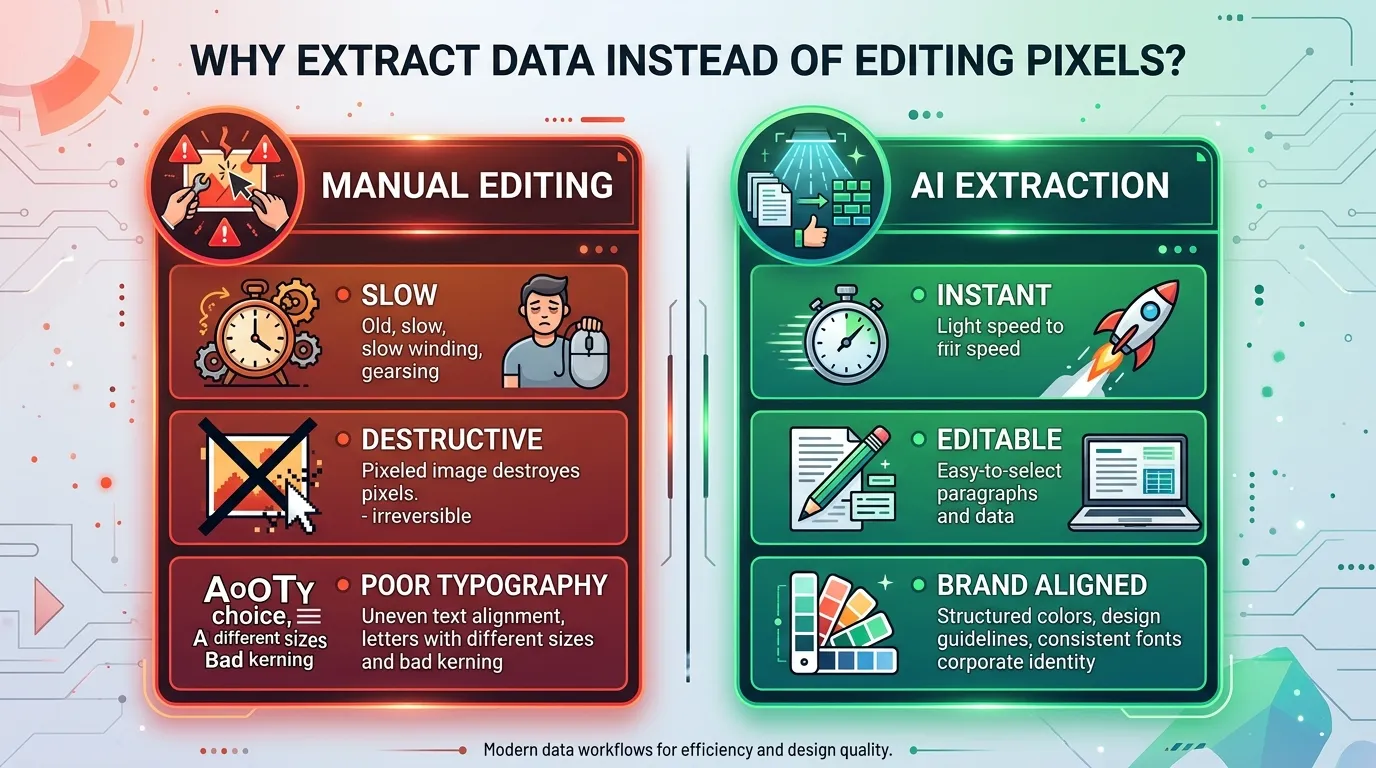Summary infographic showing the benefits of visual text extraction over manual image editing