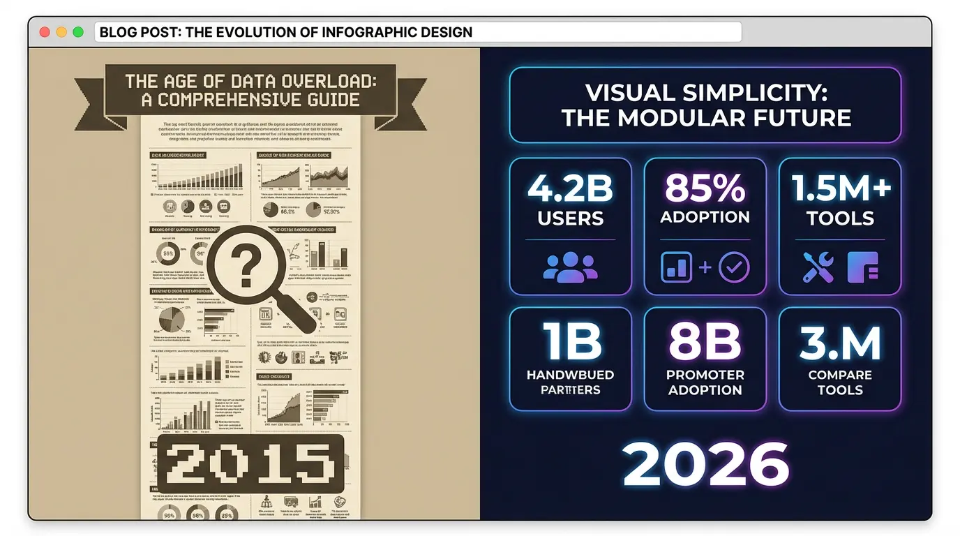 Comparison of old cluttered infographics versus modern bento grid infographic best practices 2026