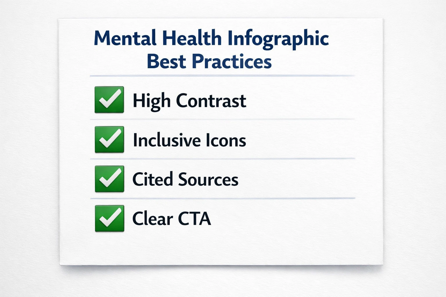 A checklist for mental health infographic best practices including contrast, inclusivity, and citations