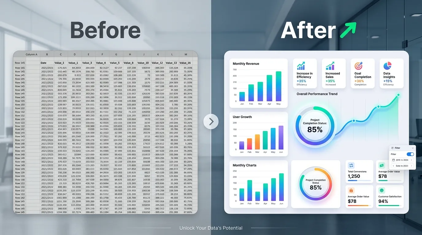 A side-by-side comparison showing a boring spreadsheet transforming into a vibrant, easy-to-read SEO infographic report
