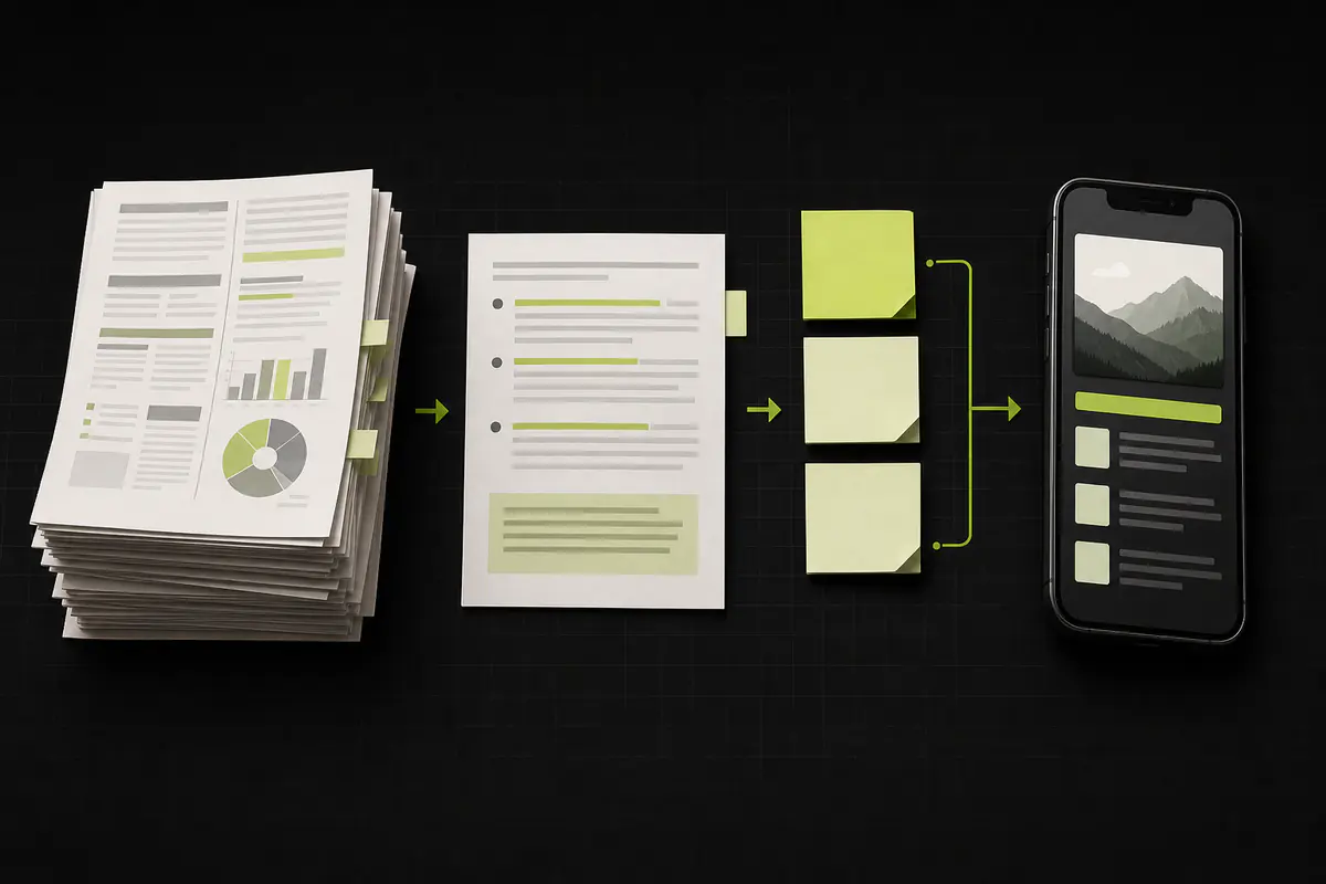 Report content reduced into one key message, three supporting ideas, and a mobile infographic