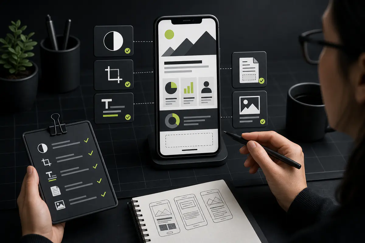 Mobile infographic being reviewed for contrast, cropping, hierarchy, source space, and accessibility