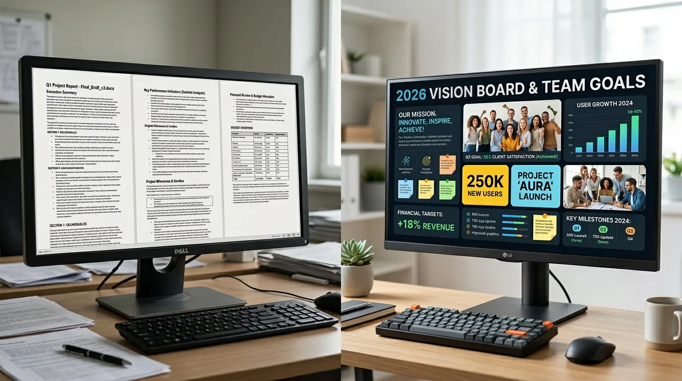 Before and after comparison of a text document versus a digital vision board