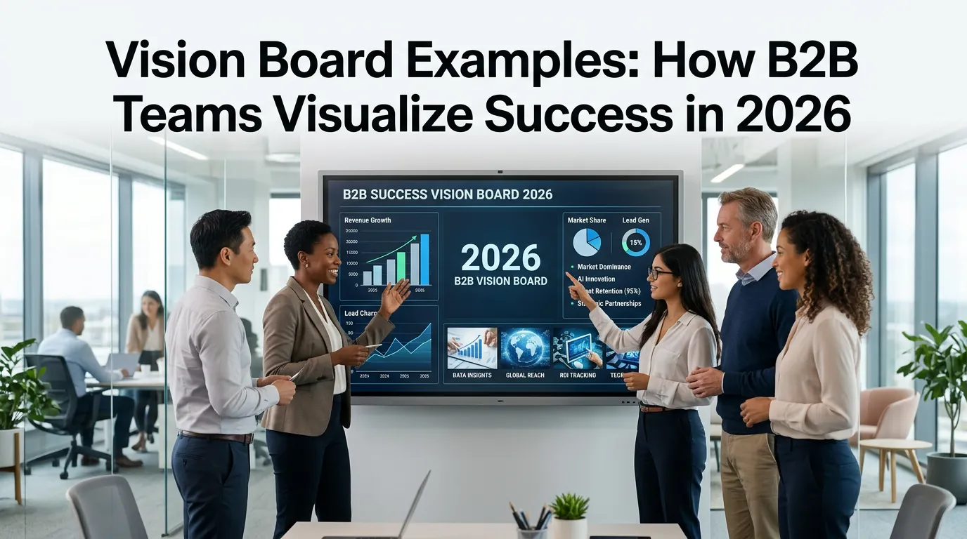 A modern B2B team analyzing vision board examples on a digital display